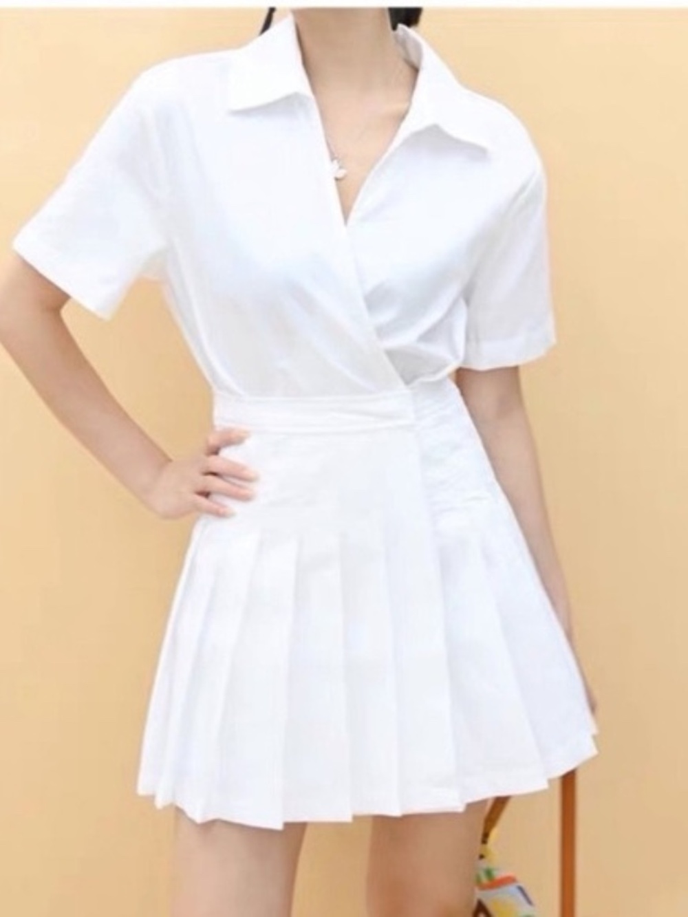 Zara White Short-Sleeve Pleated Wrap Mini Dress